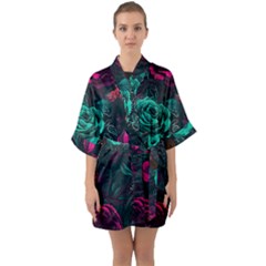 Roses Pink Teal Half Sleeve Satin Kimono 