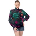 Roses Pink Teal High Neck Long Sleeve Chiffon Top View1