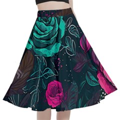 Roses Pink Teal A-line Full Circle Midi Skirt With Pocket