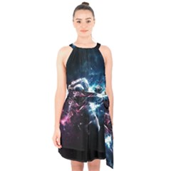 Psychedelic Astronaut Trippy Space Art Halter Collar Waist Tie Chiffon Dress