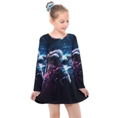 Psychedelic Astronaut Trippy Space Art Kids  Long Sleeve Dress