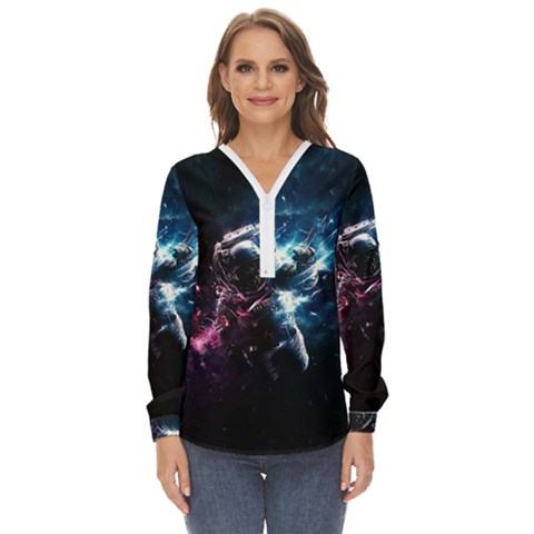 Psychedelic Astronaut Trippy Space Art Zip Up Long Sleeve Blouse by Bangk1t