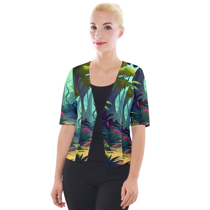 Rainforest Jungle Cartoon Animation Background Cropped Button Cardigan