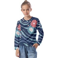 Waves Flowers Pattern Water Floral Minimalist Kids  Long Sleeve Tee With Frill 
