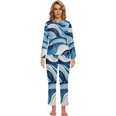 Pattern Ocean Waves Arctic Ocean Blue Nature Sea Womens  Long Sleeve Lightweight Pajamas Set