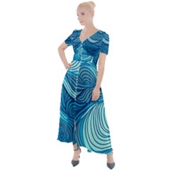 Ocean Waves Sea Abstract Pattern Water Blue Button Up Short Sleeve Maxi Dress by Ndabl3x