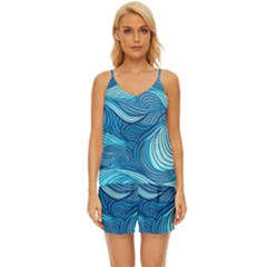 Ocean Waves Sea Abstract Pattern Water Blue V-neck Satin Pajamas Set by Ndabl3x