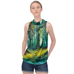 Ai Generated Trees Forest Mystical Forest Nature Art High Neck Satin Top by Ndabl3x
