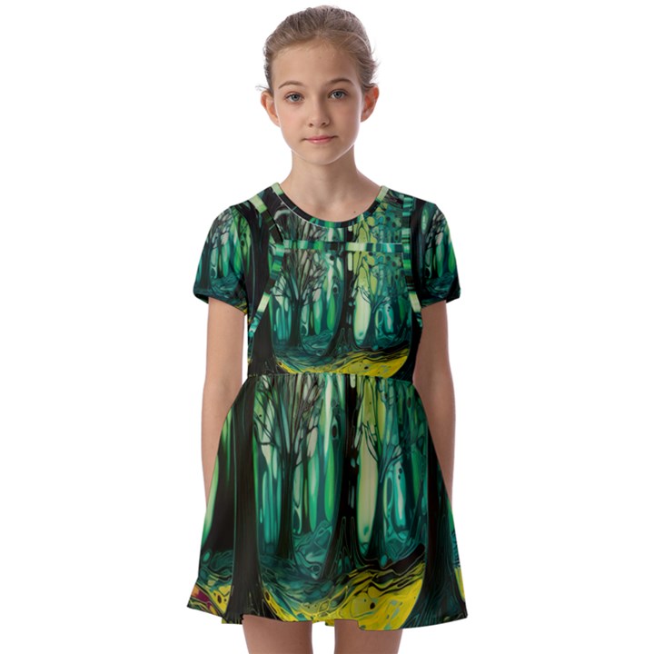 Ai Generated Trees Forest Mystical Forest Nature Art Kids  Short Sleeve Pinafore Style Dress