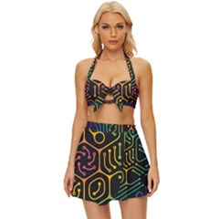 Circuit Hexagonal Geometric Pattern Background Pattern Vintage Style Bikini Top And Skirt Set  by Ndabl3x