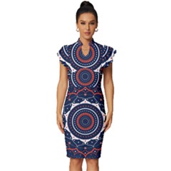 Mandala Orange Navy Vintage Frill Sleeve V-neck Bodycon Dress