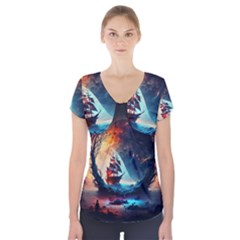 Tree Planet Moon Short Sleeve Front Detail Top by Ndabl3x