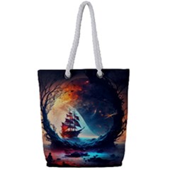 Tree Planet Moon Full Print Rope Handle Tote (small) by Ndabl3x