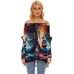 Tree Planet Moon Off Shoulder Chiffon Pocket Shirt by Ndabl3x