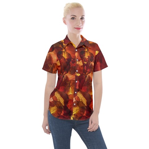 Leaves Fall Autumn Season Orange Women s Short Sleeve Pocket Shirt by Ndabl3x