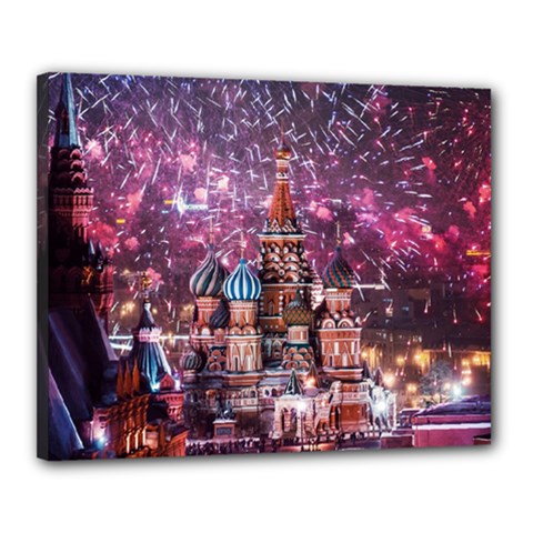 Moscow Kremlin Saint Basils Cathedral Architecture  Building Cityscape Night Fireworks Canvas 20  X 16  (stretched)