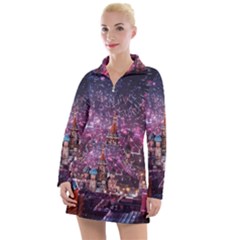 Moscow Kremlin Saint Basils Cathedral Architecture  Building Cityscape Night Fireworks Women s Long Sleeve Casual Dress by Cowasu