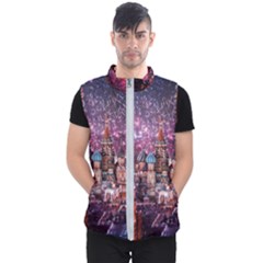 Moscow Kremlin Saint Basils Cathedral Architecture  Building Cityscape Night Fireworks Men s Puffer Vest by Cowasu