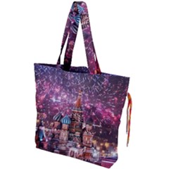 Moscow Kremlin Saint Basils Cathedral Architecture  Building Cityscape Night Fireworks Drawstring Tote Bag by Cowasu