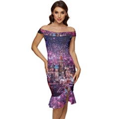 Moscow Kremlin Saint Basils Cathedral Architecture  Building Cityscape Night Fireworks Off Shoulder Ruffle Split Hem Bodycon Dress