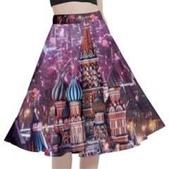 Moscow Kremlin Saint Basils Cathedral Architecture  Building Cityscape Night Fireworks A-line Full Circle Midi Skirt With Pocket