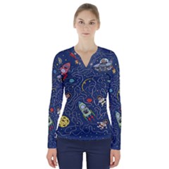 Cat Cosmos Cosmonaut Rocket V-neck Long Sleeve Top by Cowasu