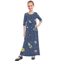 Cat Cosmos Cosmonaut Rocket Kids  Quarter Sleeve Maxi Dress by Cowasu