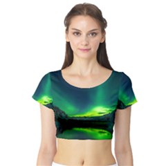 Iceland Aurora Borealis Short Sleeve Crop Top by Cowasu