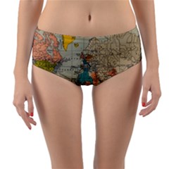 Vintage World Map Reversible Mid-waist Bikini Bottoms by Cowasu