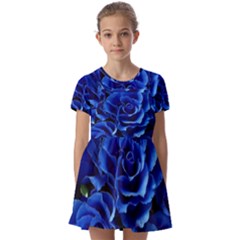 Blue Roses Flowers Plant Romance Blossom Bloom Nature Flora Petals Kids  Short Sleeve Pinafore Style Dress by Cowasu