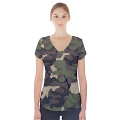 Texture Military Camouflage Repeats Seamless Army Green Hunting Short Sleeve Front Detail Top by Cowasu