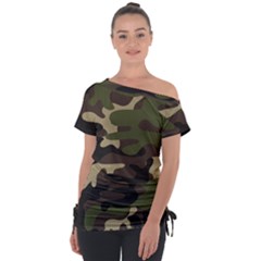 Texture Military Camouflage Repeats Seamless Army Green Hunting Off Shoulder Tie-Up Tee