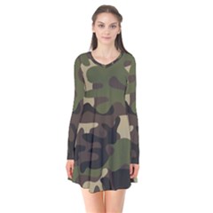 Texture Military Camouflage Repeats Seamless Army Green Hunting Long Sleeve V-neck Flare Dress