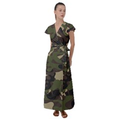 Texture Military Camouflage Repeats Seamless Army Green Hunting Flutter Sleeve Maxi Dress