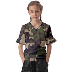 Texture Military Camouflage Repeats Seamless Army Green Hunting Kids  V-Neck Horn Sleeve Blouse