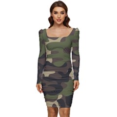 Texture Military Camouflage Repeats Seamless Army Green Hunting Women Long Sleeve Ruched Stretch Jersey Dress