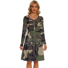 Texture Military Camouflage Repeats Seamless Army Green Hunting Long Sleeve Dress With Pocket