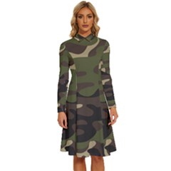 Texture Military Camouflage Repeats Seamless Army Green Hunting Long Sleeve Shirt Collar A-Line Dress