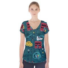Seamless Pattern With Vehicles Building Road Short Sleeve Front Detail Top by Cowasu