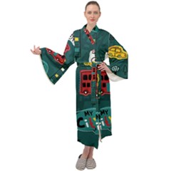 Seamless Pattern With Vehicles Building Road Maxi Velvet Kimono