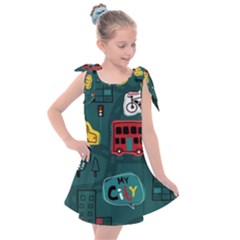 Seamless Pattern With Vehicles Building Road Kids  Tie Up Tunic Dress by Cowasu