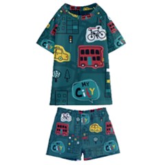 Seamless Pattern With Vehicles Building Road Kids  Swim Tee And Shorts Set