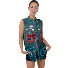 Seamless Pattern With Vehicles Building Road Sleeveless Chiffon Button Shirt