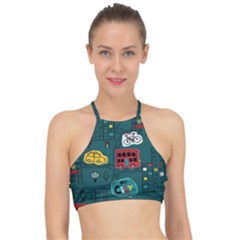 Seamless Pattern With Vehicles Building Road Racer Front Bikini Top by Cowasu