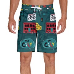 Seamless Pattern With Vehicles Building Road Men s Beach Shorts