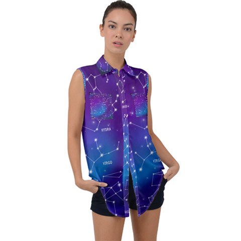 Realistic Night Sky With Constellations Sleeveless Chiffon Button Shirt by Cowasu