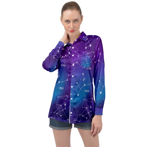 Realistic Night Sky With Constellations Long Sleeve Satin Shirt by Cowasu