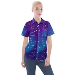 Realistic Night Sky With Constellations Women s Short Sleeve Pocket Shirt