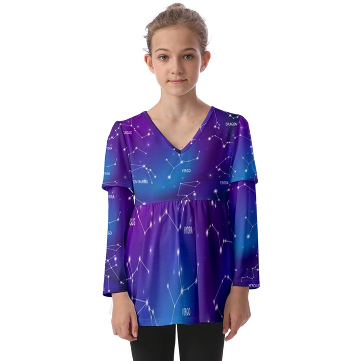 Realistic Night Sky With Constellations Kids  V Neck Casual Top