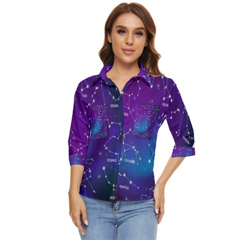 Realistic Night Sky With Constellations Women s Quarter Sleeve Pocket Shirt by Cowasu
